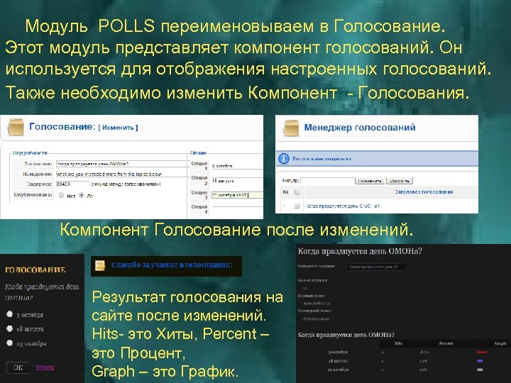  Модуль POLLS переименовываем в Голосование. Этот модуль представляет компонент голосований. Он используется для