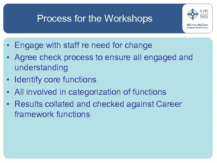 Process for the Workshops • Engage with staff re need for change • Agree