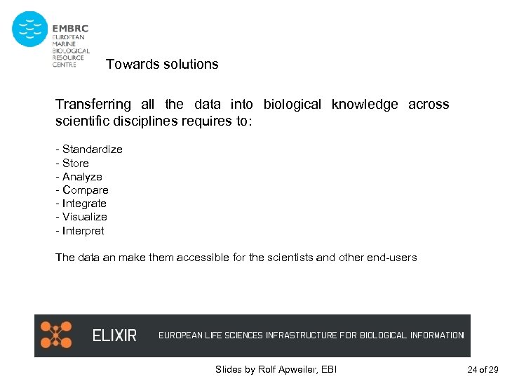 Towards solutions Transferring all the data into biological knowledge across scientific disciplines requires to: