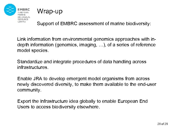 Wrap-up Support of EMBRC assessment of marine biodiversity: Link information from environmental genomics approaches