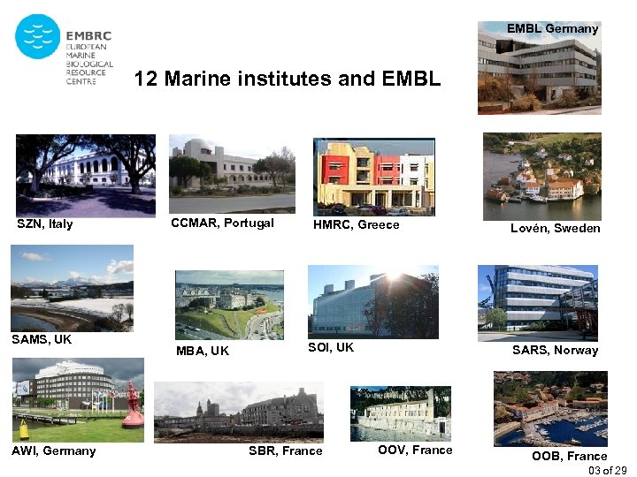 EMBL Germany 12 Marine institutes and EMBL SZN, Italy SAMS, UK AWI, Germany CCMAR,