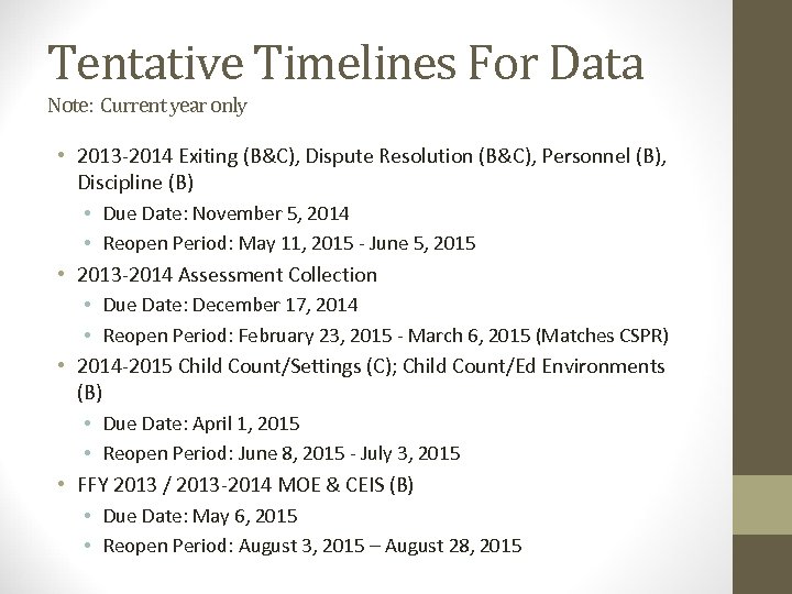Tentative Timelines For Data Note: Current year only • 2013 -2014 Exiting (B&C), Dispute