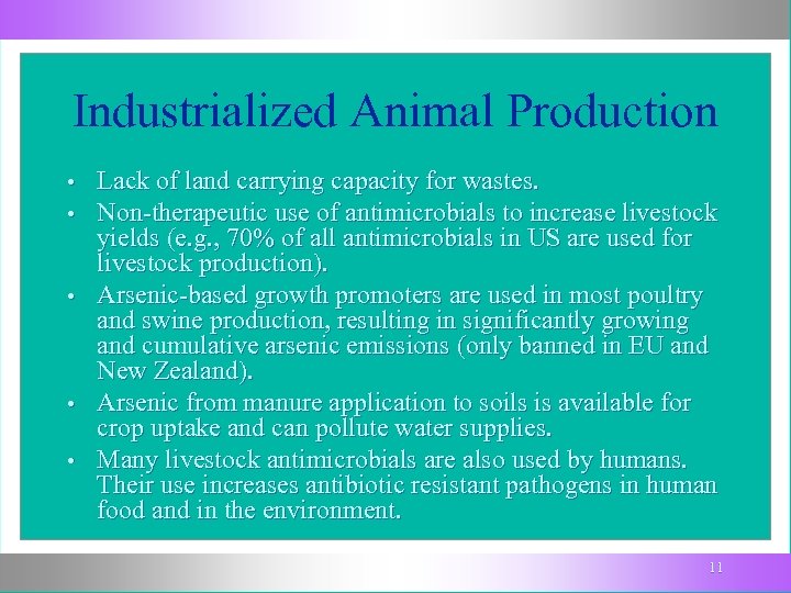 Industrialized Animal Production • • • Lack of land carrying capacity for wastes. Non-therapeutic