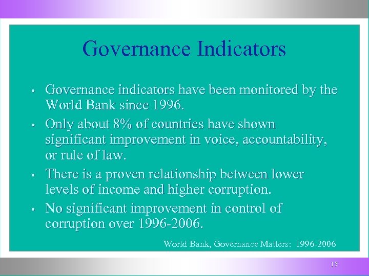 Governance Indicators • • Governance indicators have been monitored by the World Bank since