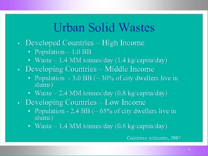 Urban Solid Wastes • Developed Countries – High Income • Population – 1. 0