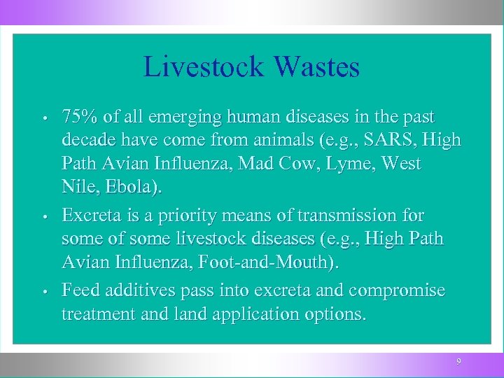 Livestock Wastes • • • 75% of all emerging human diseases in the past