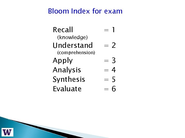 Bloom Index for exam Recall =1 Understand =2 Apply Analysis Synthesis Evaluate = =