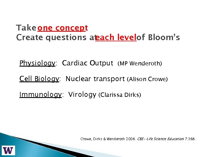 Take one concept Create questions at each levelof Bloom’s Physiology: Cardiac Output (MP Wenderoth)