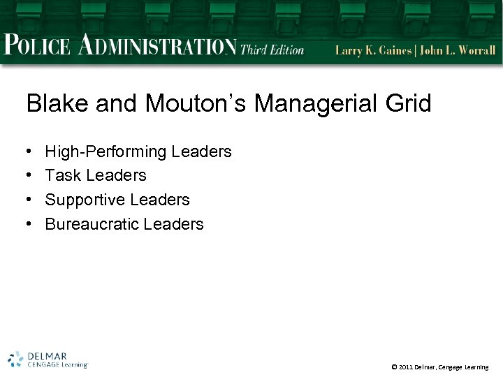 Blake and Mouton’s Managerial Grid • • High-Performing Leaders Task Leaders Supportive Leaders Bureaucratic