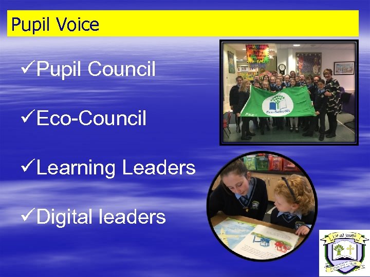 Pupil Voice üPupil Council üEco-Council üLearning Leaders üDigital leaders 