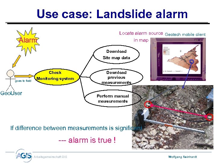 Use case: Landslide alarm Locate alarm source Geotech mobile client in map Alarm Download