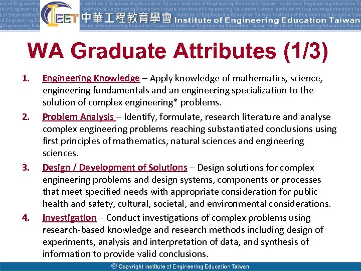 WA Graduate Attributes (1/3) 1. 2. 3. 4. Engineering Knowledge – Apply knowledge of