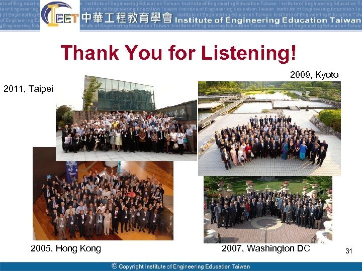 Thank You for Listening! 2009, Kyoto 2011, Taipei 2005, Hong Kong 2007, Washington DC