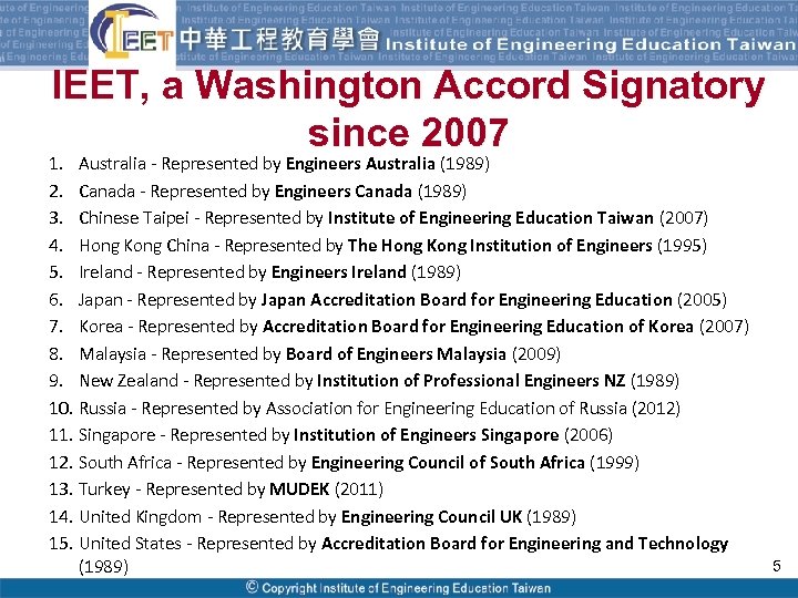 IEET, a Washington Accord Signatory since 2007 1. Australia - Represented by Engineers Australia