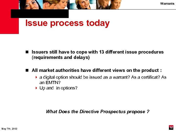 Warrants Issue process today n Issuers still have to cope with 13 different issue