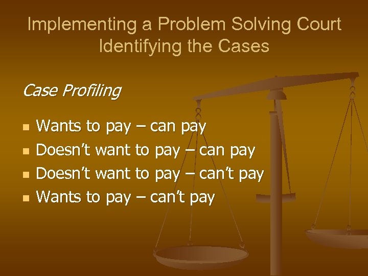 Implementing a Problem Solving Court Identifying the Cases Case Profiling n n Wants to