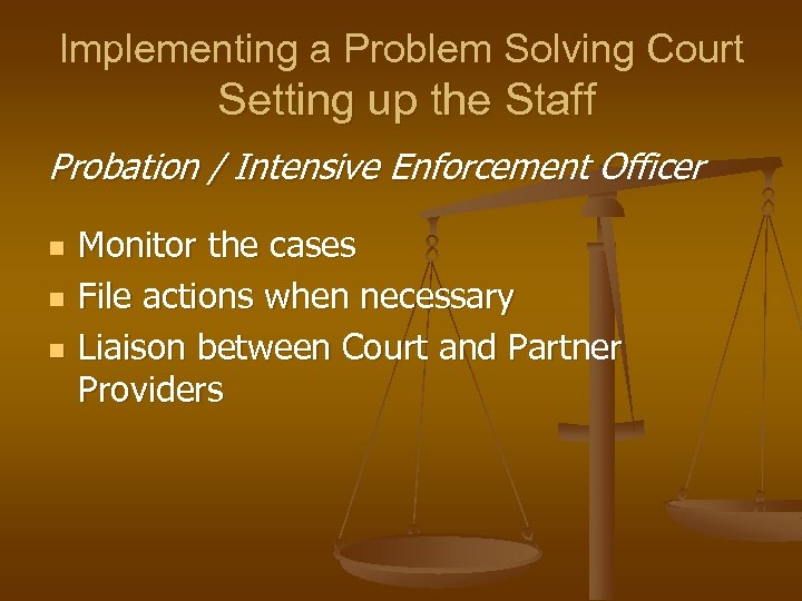 Implementing a Problem Solving Court Setting up the Staff Probation / Intensive Enforcement Officer