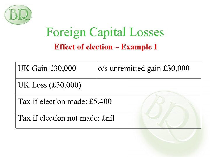 Foreign Capital Losses Effect of election ~ Example 1 UK Gain £ 30, 000
