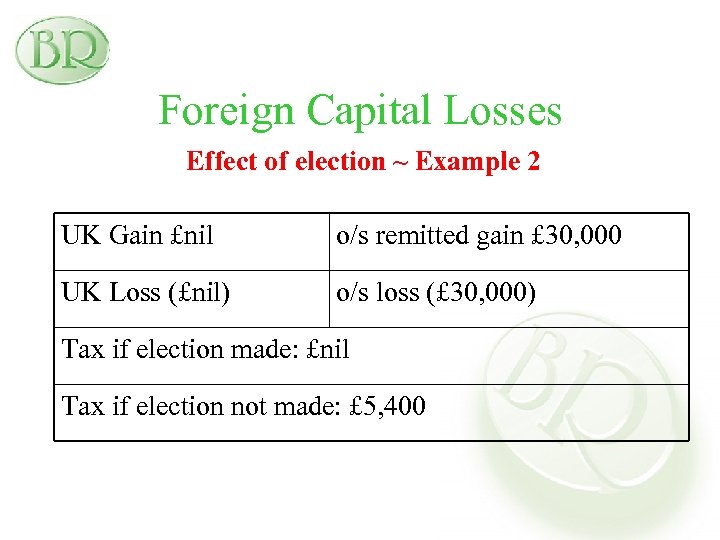 Foreign Capital Losses Effect of election ~ Example 2 UK Gain £nil o/s remitted