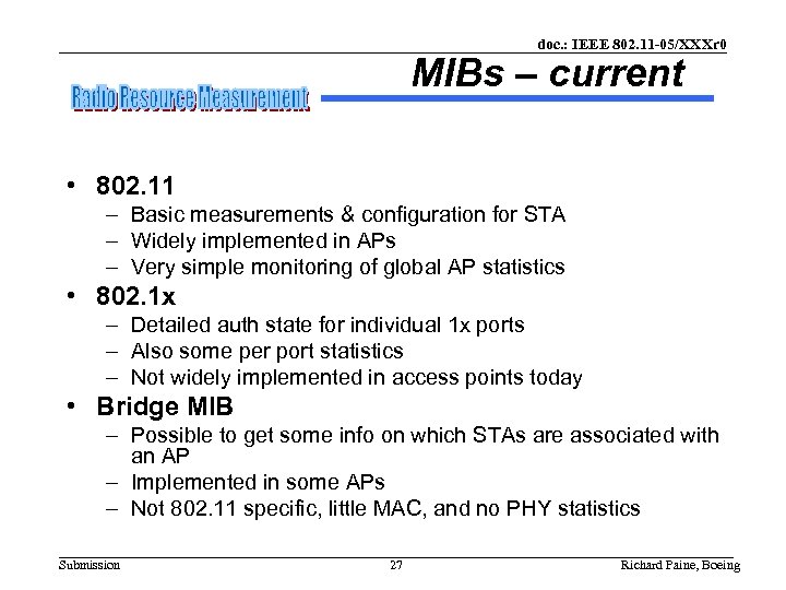 doc. : IEEE 802. 11 -05/XXXr 0 MIBs – current • 802. 11 –