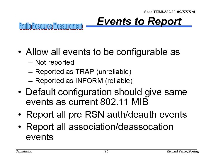 doc. : IEEE 802. 11 -05/XXXr 0 Events to Report • Allow all events