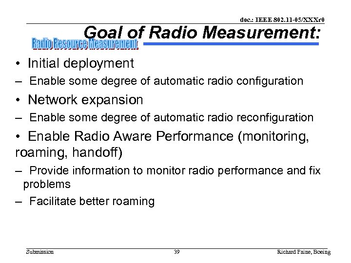 doc. : IEEE 802. 11 -05/XXXr 0 Goal of Radio Measurement: • Initial deployment