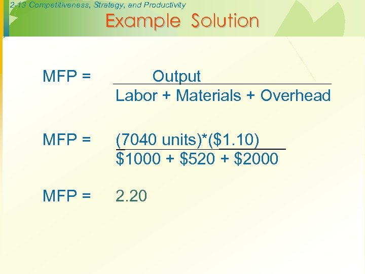 2 -13 Competitiveness, Strategy, and Productivity Example Solution MFP = Output Labor + Materials