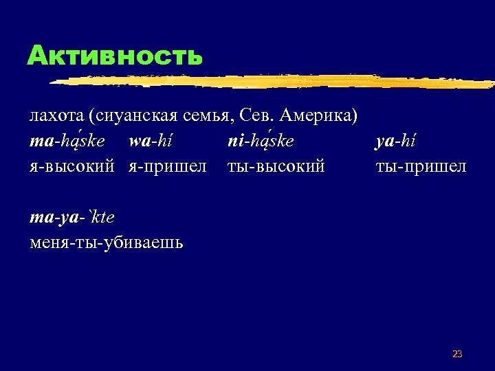 Активность лахота (сиуанская семья, Сев. Америка) ma-hą ske wa-hí ni-hą ske ya-hí я-высокий я-пришел