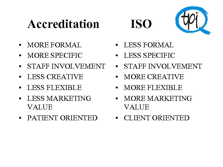 Accreditation ISO • • • MORE FORMAL MORE SPECIFIC STAFF INVOLVEMENT LESS CREATIVE LESS