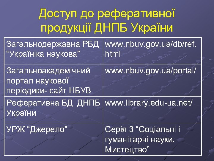 Доступ до реферативної продукції ДНПБ України Загальнодержавна РБД www. nbuv. gov. ua/db/ref. “Україніка наукова”