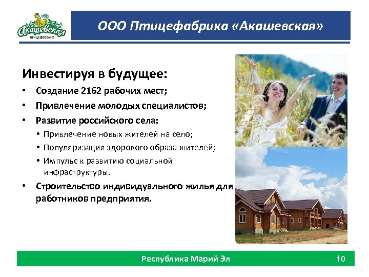 ООО Птицефабрика «Акашевская» Инвестируя в будущее: • Создание 2162 рабочих мест; • Привлечение молодых