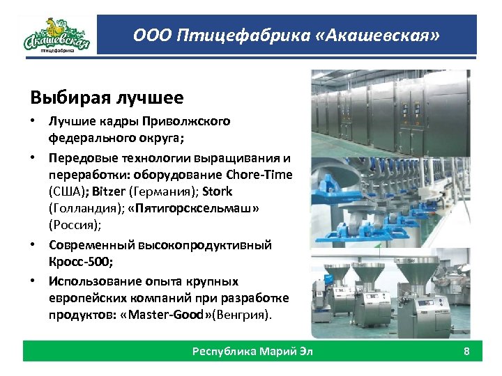 ООО Птицефабрика «Акашевская» Выбирая лучшее • Лучшие кадры Приволжского федерального округа; • Передовые технологии