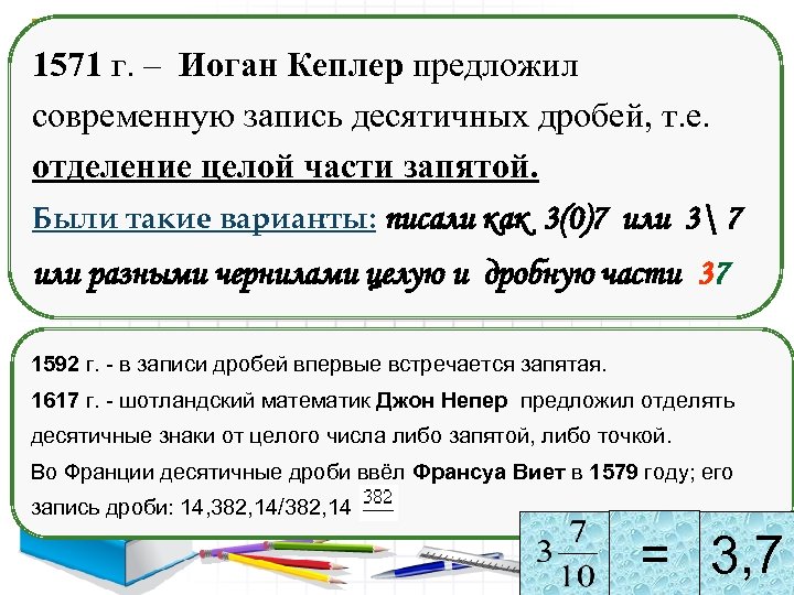 1571 г. – Иоган Кеплер предложил современную запись десятичных дробей, т. е. отделение целой