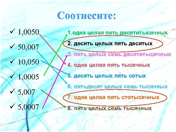 Соотнесите: ü 1, 0050 1. одна целая пять десятитысячных ü 50, 007 2. десять
