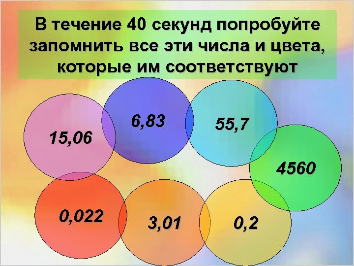 В течение 40 секунд попробуйте запомнить все эти числа и цвета, которые им соответствуют