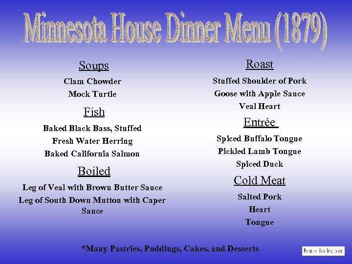 Soups Roast Clam Chowder Mock Turtle Stuffed Shoulder of Pork Goose with Apple Sauce