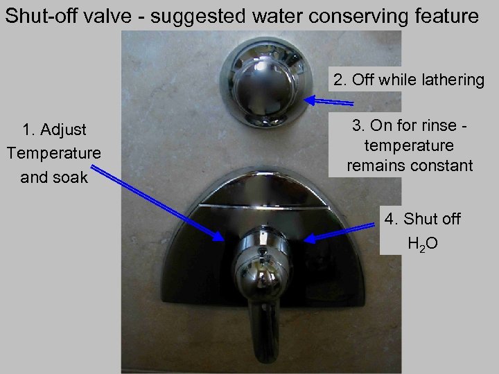 Shut-off valve - suggested water conserving feature Shut-off valve 1. Adjust Temperature and soak