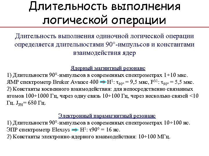 Длительность выполнения логической операции Длительность выполнения одиночной логической операции определяется длительностями 90°-импульсов и константами