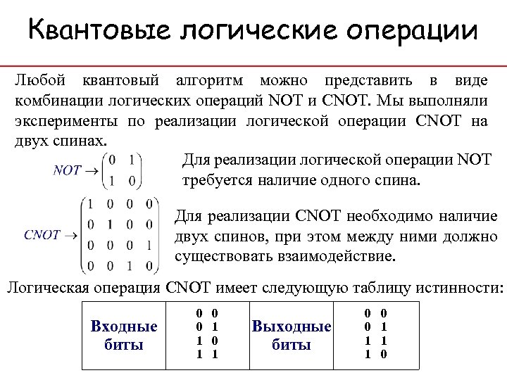 Квантовые логические операции Любой квантовый алгоритм можно представить в виде комбинации логических операций NOT