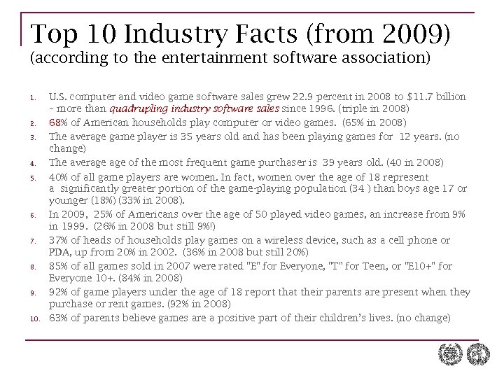 Top 10 Industry Facts (from 2009) (according to the entertainment software association) 1. 2.
