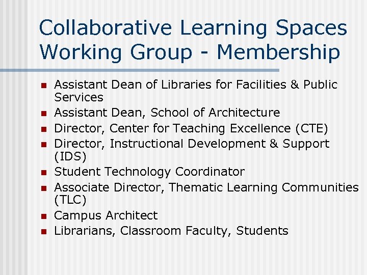 Collaborative Learning Spaces Working Group - Membership n n n n Assistant Dean of