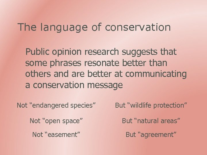 The language of conservation Public opinion research suggests that some phrases resonate better than