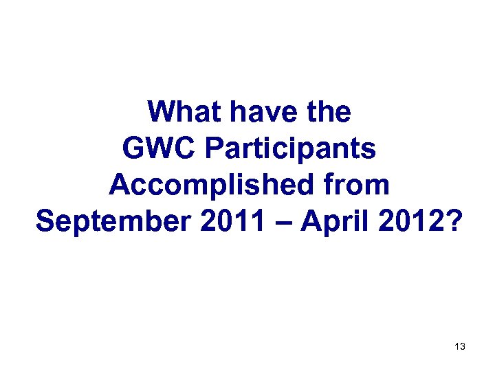 What have the GWC Participants Accomplished from September 2011 – April 2012? 13 