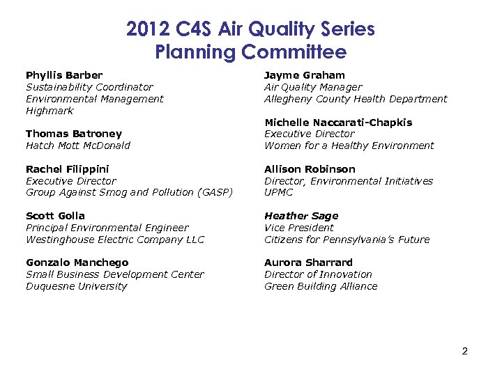 2012 C 4 S Air Quality Series Planning Committee Phyllis Barber Sustainability Coordinator Environmental