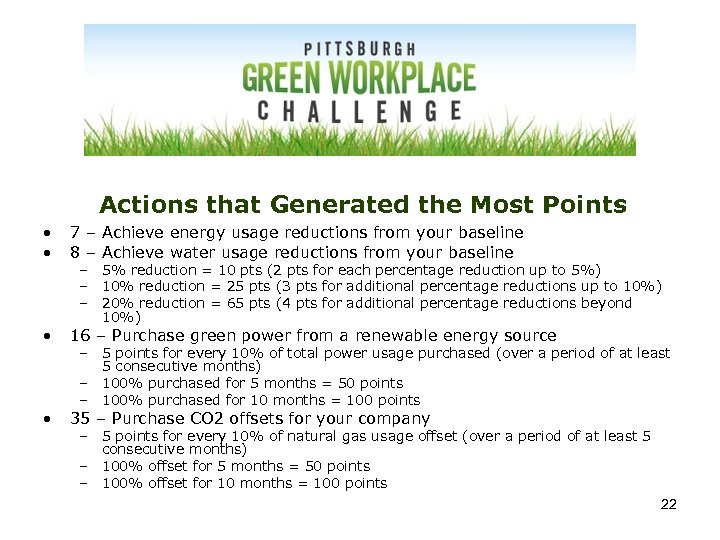 Actions that Generated the Most Points • • 7 – Achieve energy usage reductions