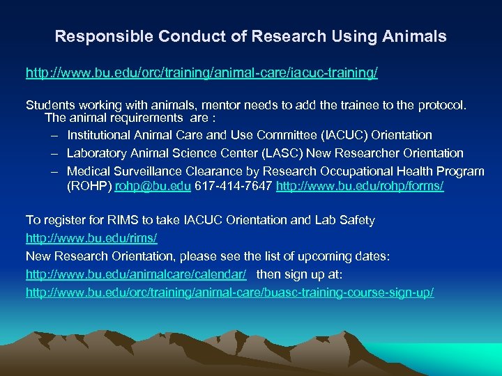 Responsible Conduct of Research Using Animals http: //www. bu. edu/orc/training/animal-care/iacuc-training/ Students working with animals,