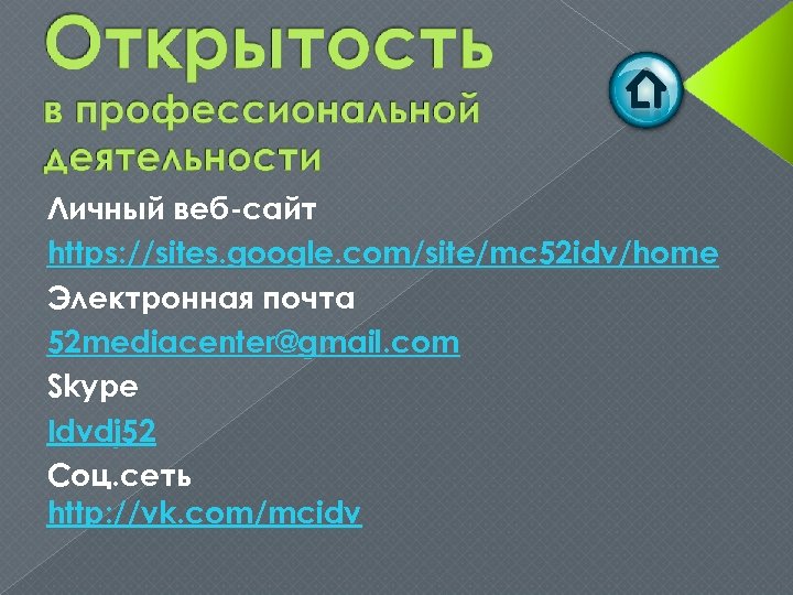 Личный веб-сайт https: //sites. google. com/site/mc 52 idv/home Электронная почта 52 mediacenter@gmail. com Skype