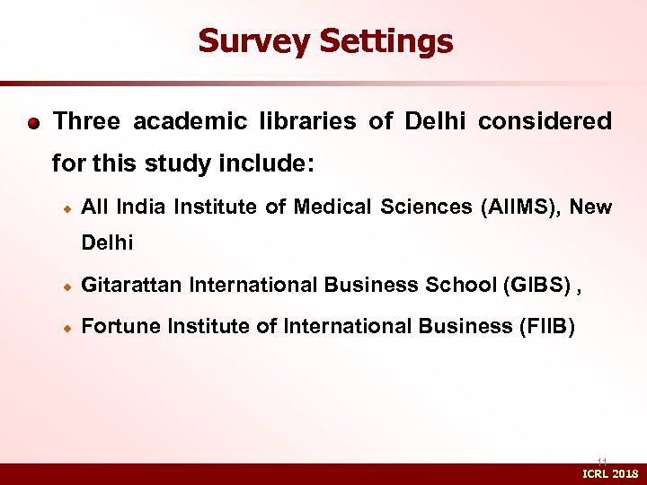 Survey Settings Three academic libraries of Delhi considered for this study include: All India