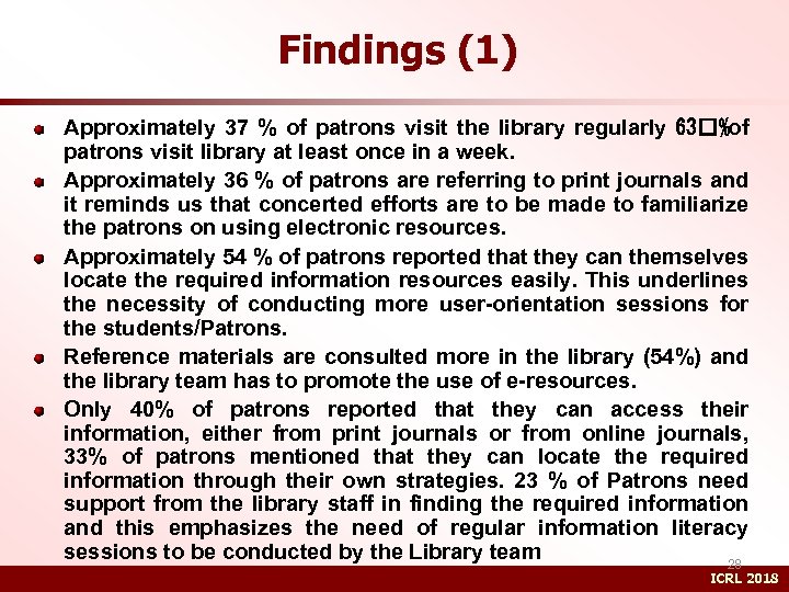 Findings (1) Approximately 37 % of patrons visit the library regularly 63 %of patrons