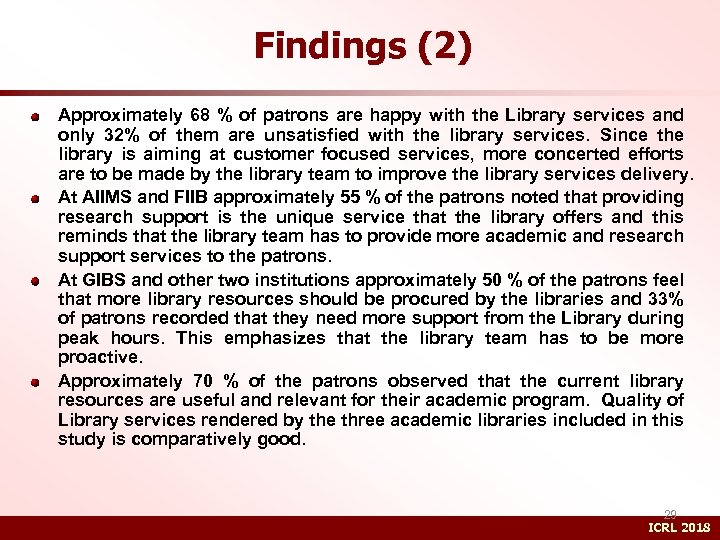 Findings (2) Approximately 68 % of patrons are happy with the Library services and